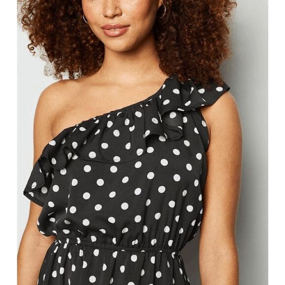 One Shoulder Ruffle Cute Polka Dot Elastic Waist Hi-Lo Flowy Dress SIZE M NEW - Picture 15 of 16